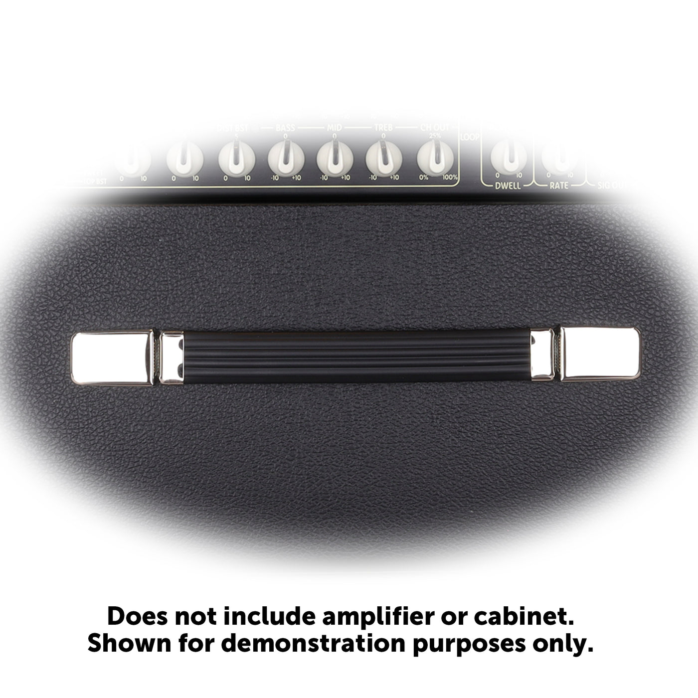 Close up of Quilter Labs Aviator Mach 3 amplifier handle with "Does not include amplifier or cabinet. Shown for demonstration purposes only" text below it.