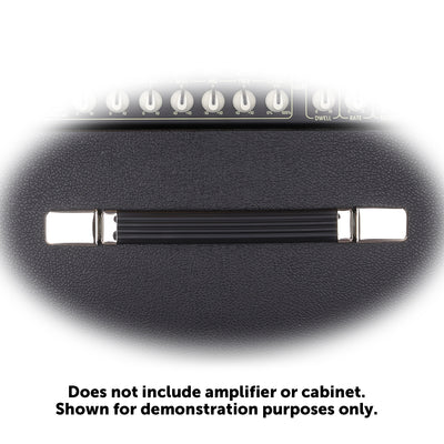 Close up of Quilter Labs Aviator Mach 3 amplifier handle with "Does not include amplifier or cabinet. Shown for demonstration purposes only" text below it.