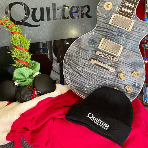 Quilter Labs beanie with guitar and holiday decorations